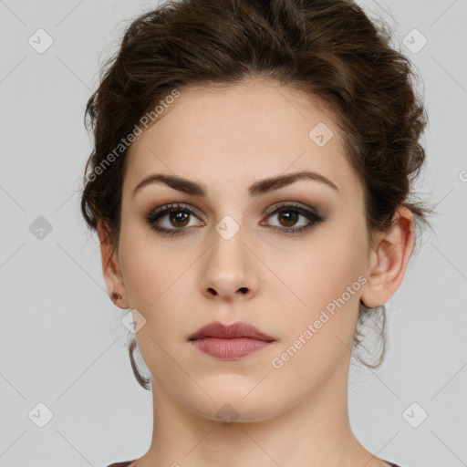 Neutral white young-adult female with short  brown hair and brown eyes