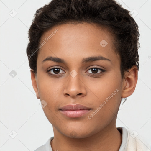 Neutral white young-adult female with short  brown hair and brown eyes