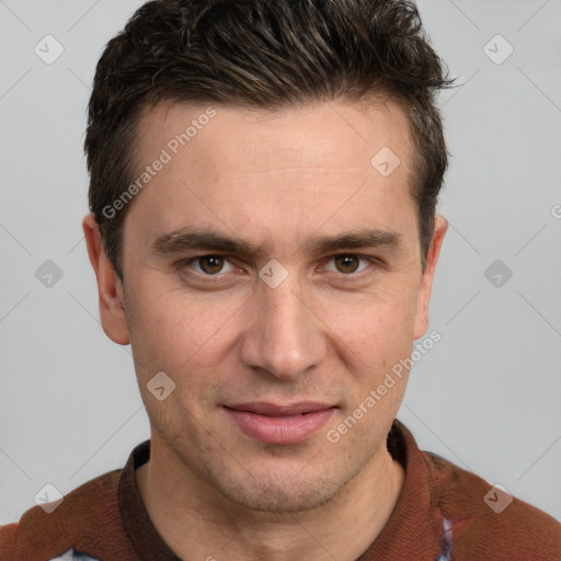 Joyful white adult male with short  brown hair and grey eyes