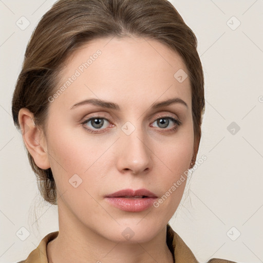 Neutral white young-adult female with medium  brown hair and grey eyes