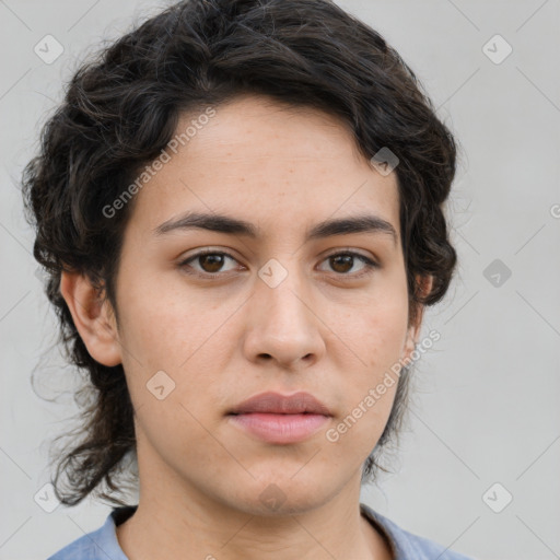 Neutral white young-adult female with medium  brown hair and brown eyes