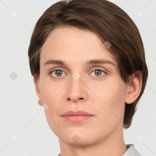 Neutral white young-adult female with short  brown hair and brown eyes