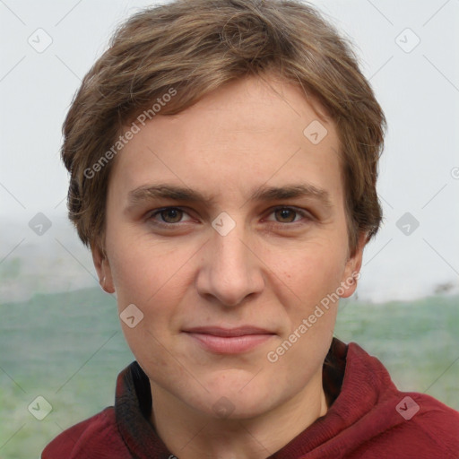 Joyful white young-adult female with short  brown hair and grey eyes