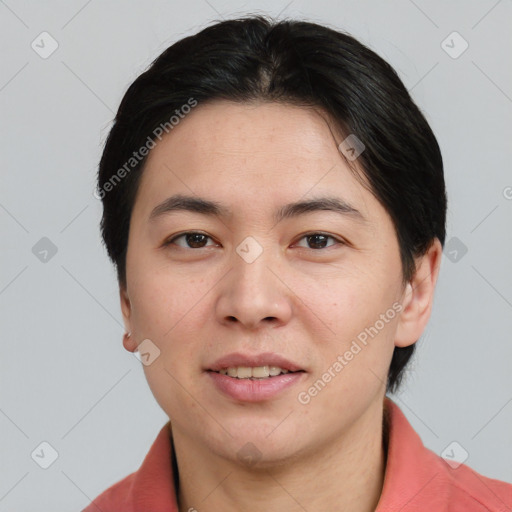 Joyful asian young-adult male with short  brown hair and brown eyes