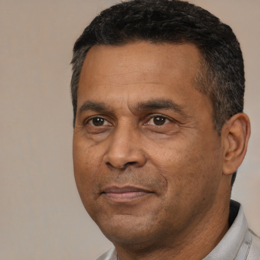 Joyful latino adult male with short  black hair and brown eyes