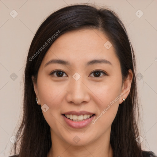 Joyful white young-adult female with long  brown hair and brown eyes