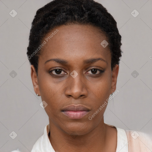 Neutral black young-adult female with short  black hair and brown eyes