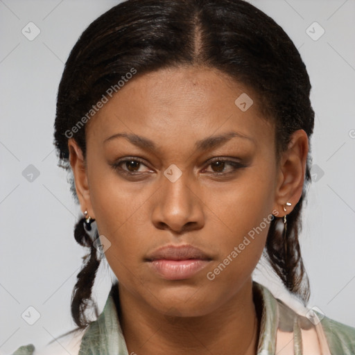 Neutral black young-adult female with medium  brown hair and brown eyes