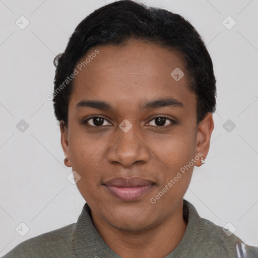 Joyful black young-adult female with short  black hair and brown eyes