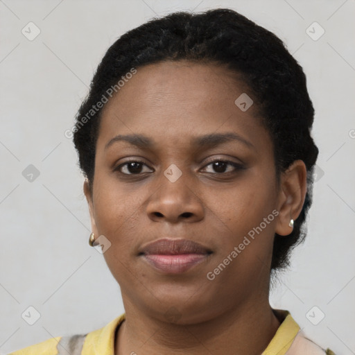 Neutral black young-adult female with short  black hair and brown eyes