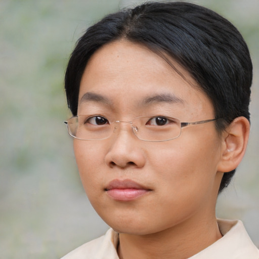 Neutral asian young-adult female with short  brown hair and brown eyes