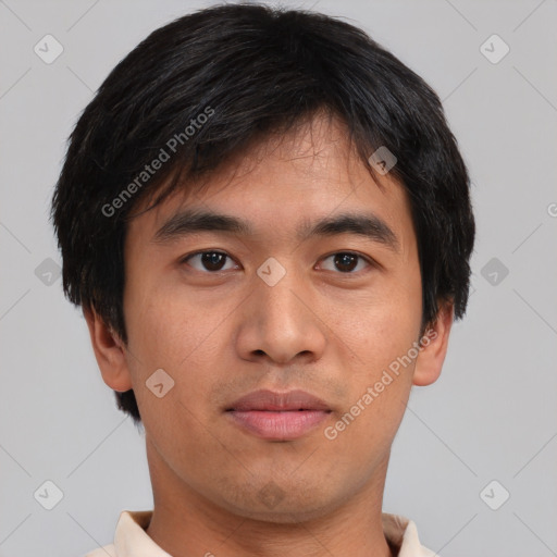 Neutral asian young-adult male with short  black hair and brown eyes