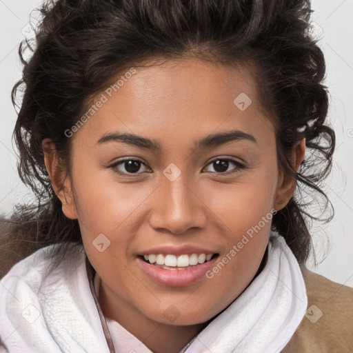 Joyful white child female with medium  brown hair and brown eyes