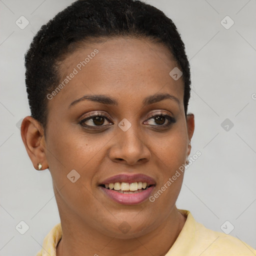 Joyful black young-adult female with short  brown hair and brown eyes