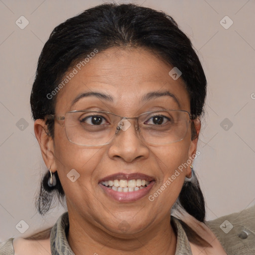 Joyful asian adult female with medium  brown hair and brown eyes