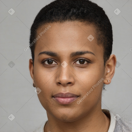 Neutral black young-adult female with short  brown hair and brown eyes