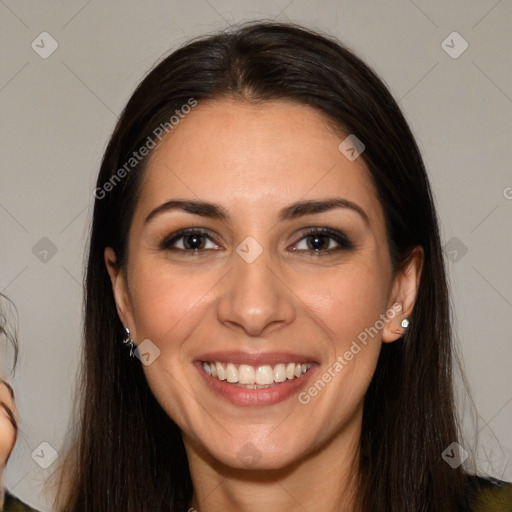 Joyful white young-adult female with long  brown hair and brown eyes