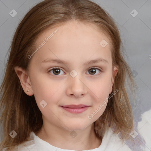 Joyful white child female with medium  brown hair and brown eyes