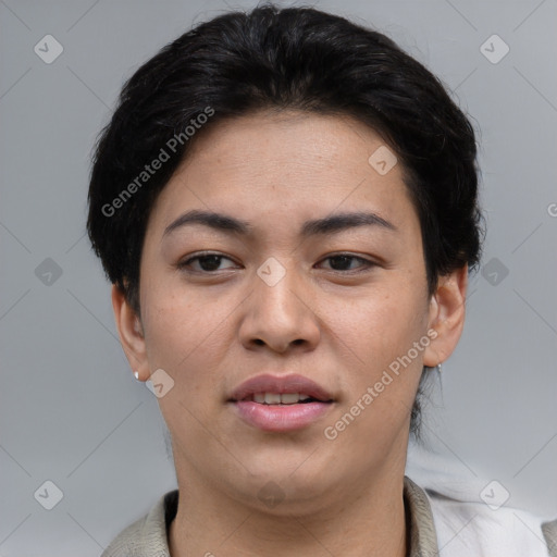 Joyful asian young-adult female with short  brown hair and brown eyes