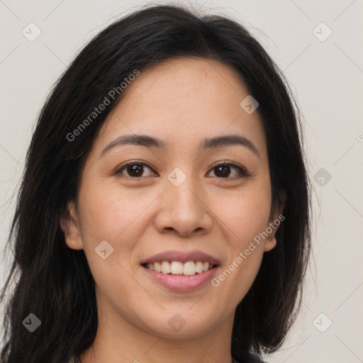 Joyful asian young-adult female with long  brown hair and brown eyes