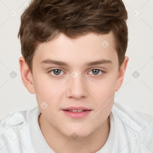 Joyful white child male with short  brown hair and brown eyes