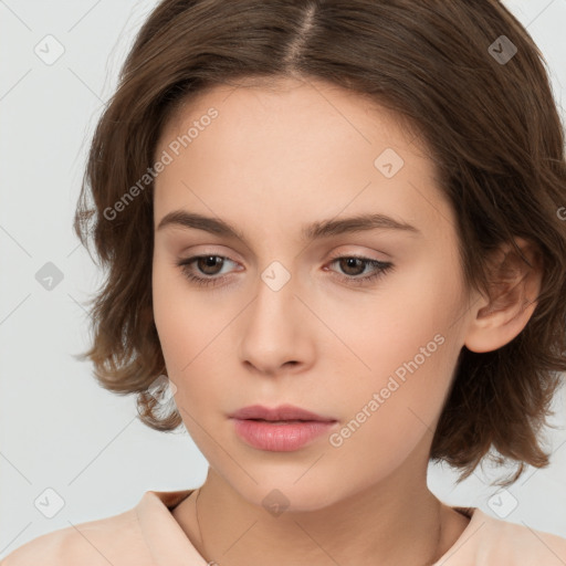 Neutral white young-adult female with medium  brown hair and brown eyes