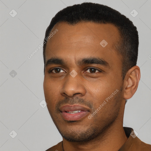 Neutral black young-adult male with short  black hair and brown eyes