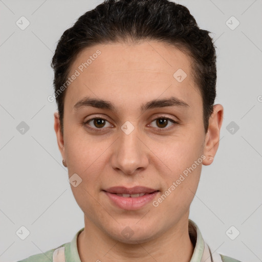 Joyful white young-adult female with short  brown hair and brown eyes