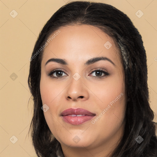 Joyful latino young-adult female with long  black hair and brown eyes