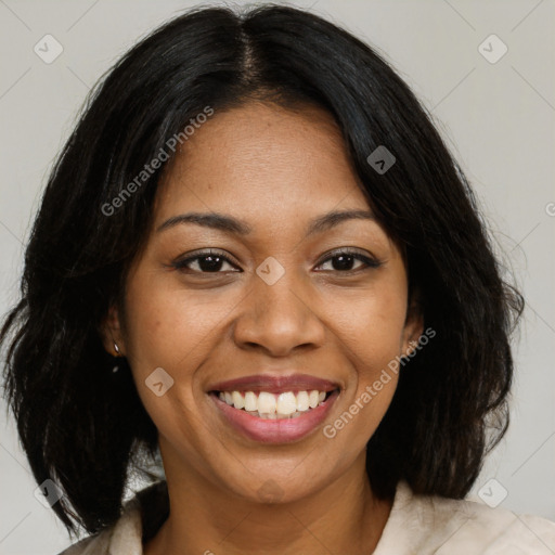 Joyful black young-adult female with medium  brown hair and brown eyes