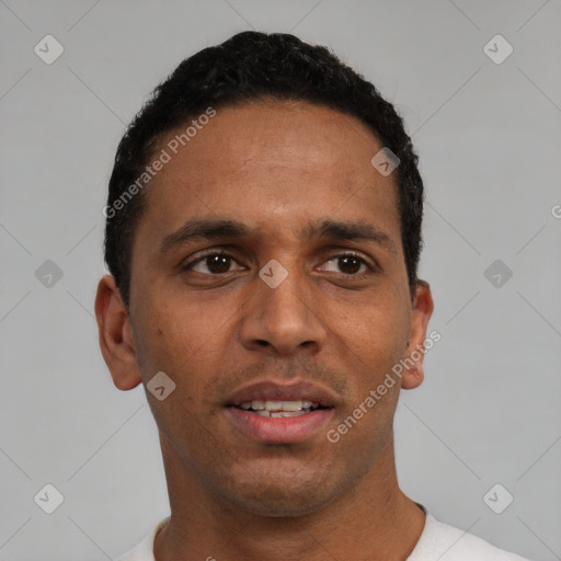 Neutral white young-adult male with short  black hair and brown eyes