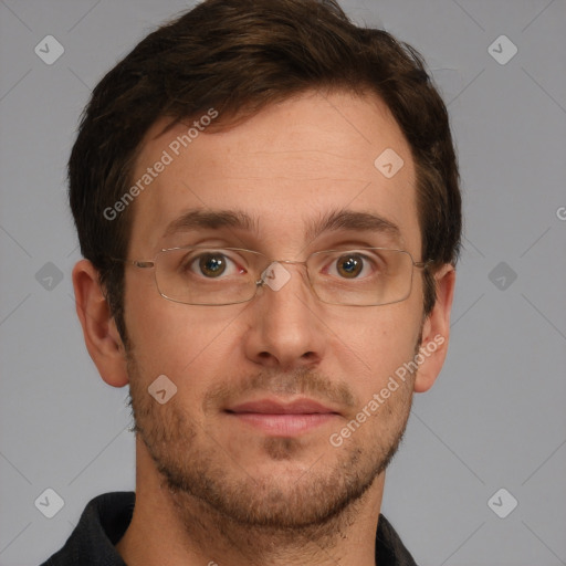 Joyful white adult male with short  brown hair and grey eyes