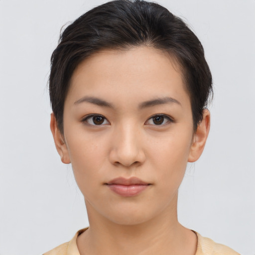 Neutral asian young-adult female with short  brown hair and brown eyes