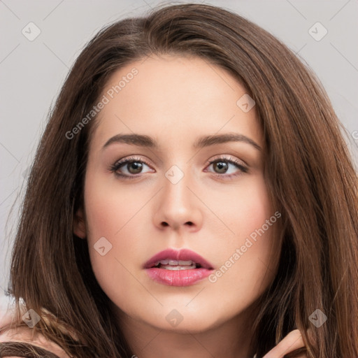 Neutral white young-adult female with long  brown hair and brown eyes