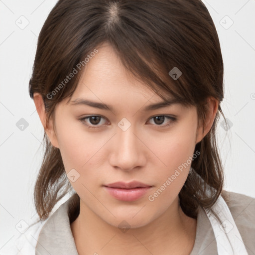 Neutral white young-adult female with medium  brown hair and brown eyes