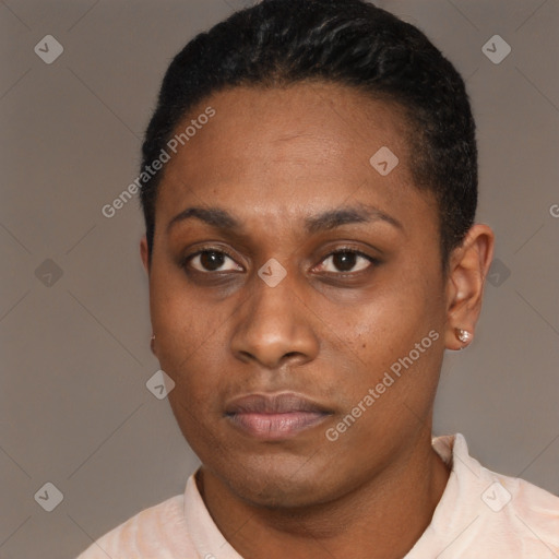 Neutral latino young-adult female with short  black hair and brown eyes