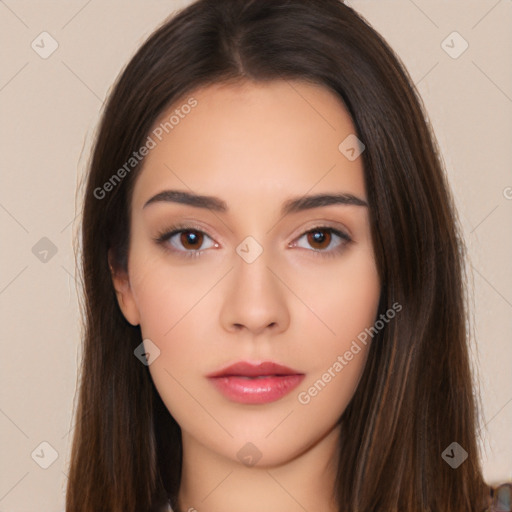 Neutral white young-adult female with long  brown hair and brown eyes