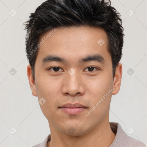 Neutral asian young-adult male with short  black hair and brown eyes