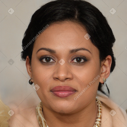 Joyful latino young-adult female with medium  brown hair and brown eyes