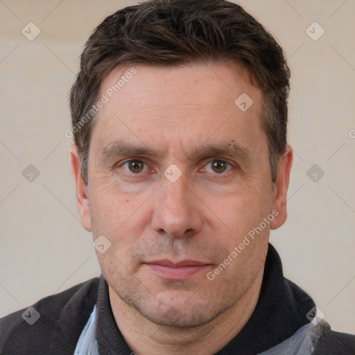 Neutral white adult male with short  brown hair and brown eyes