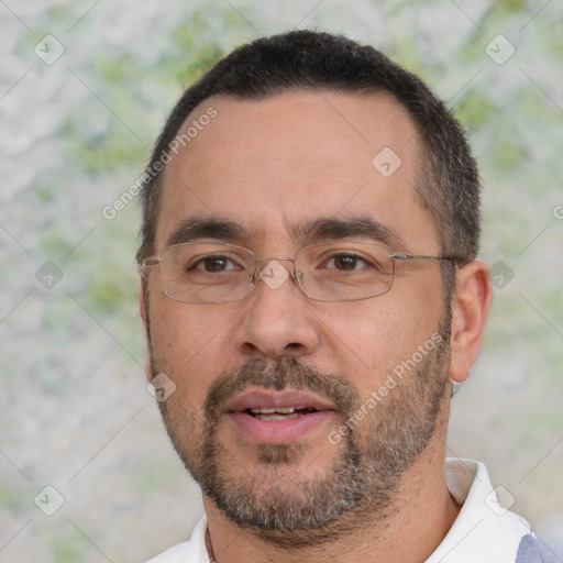 Neutral white adult male with short  black hair and brown eyes