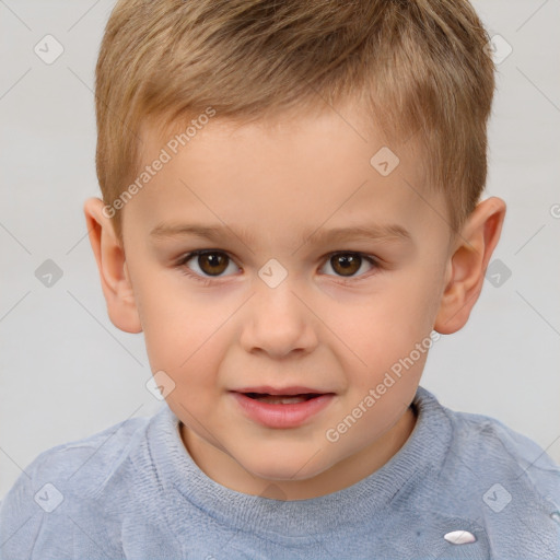 Joyful white child male with short  brown hair and brown eyes