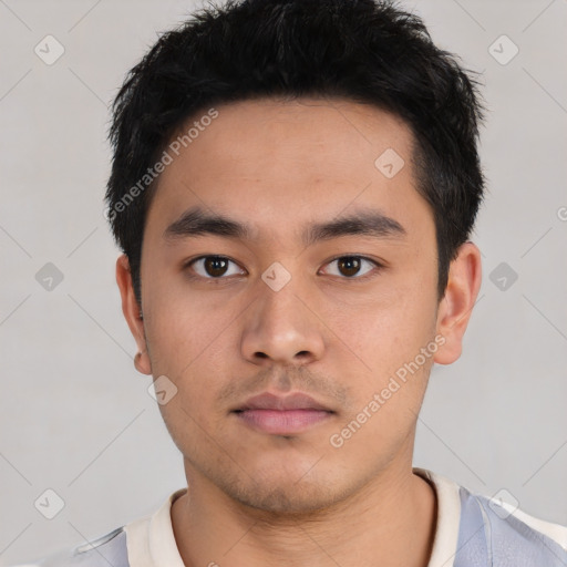 Neutral asian young-adult male with short  black hair and brown eyes