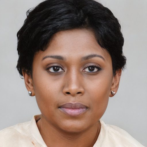 Neutral asian young-adult female with short  black hair and brown eyes