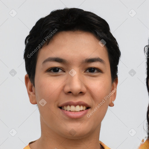 Joyful asian young-adult female with short  black hair and brown eyes