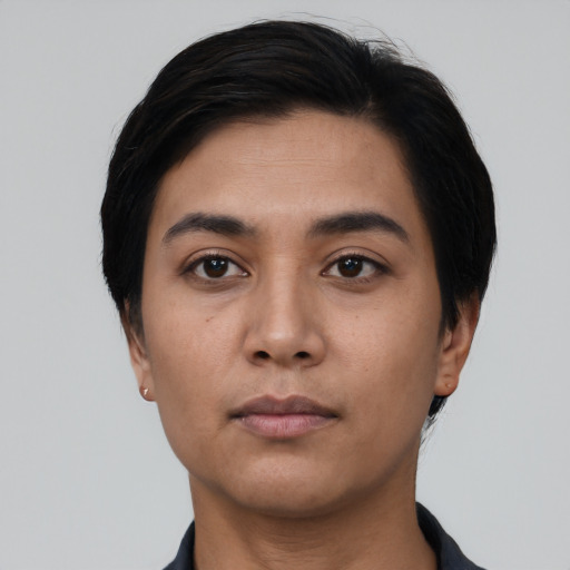 Neutral asian young-adult female with short  black hair and brown eyes