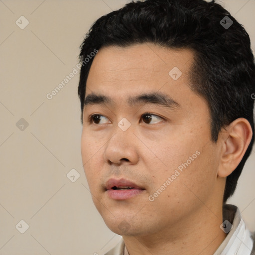 Neutral asian young-adult male with short  black hair and brown eyes