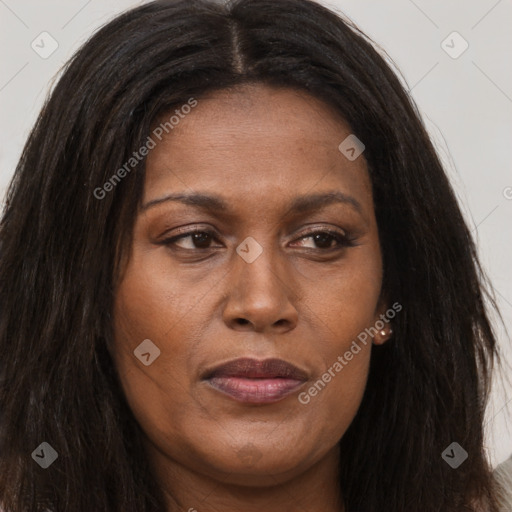 Joyful white adult female with long  brown hair and brown eyes