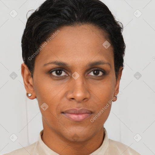 Neutral black young-adult female with short  brown hair and brown eyes
