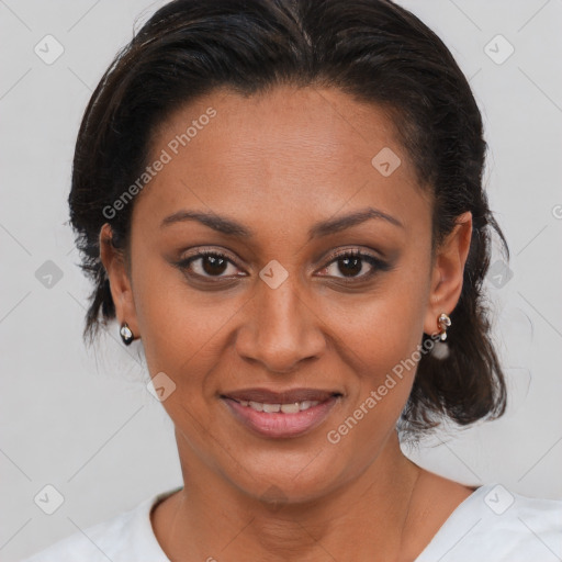 Joyful latino young-adult female with short  brown hair and brown eyes